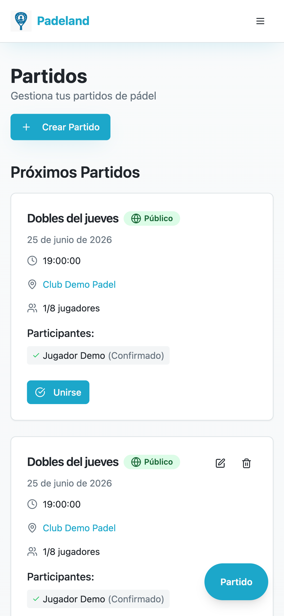 Pantalla de organización de partidos de pádel en Padeland, con próximos partidos y jugadores confirmados