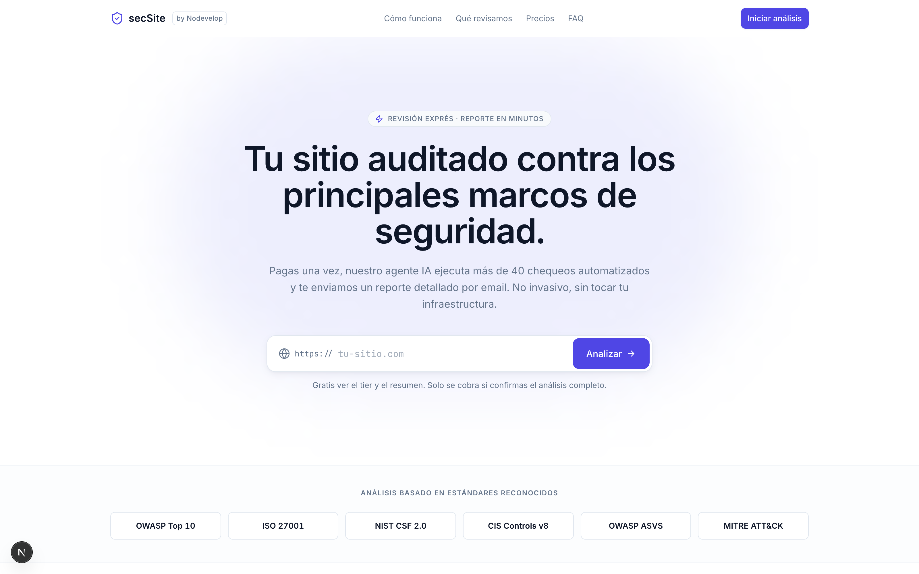 Producto secSite de Nodevelop: auditoría web automatizada con IA contra marcos de seguridad como OWASP, ISO 27001 y NIST